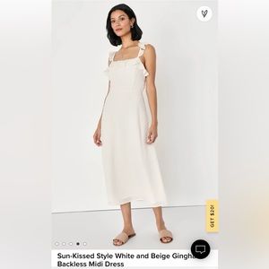 Lulus Sun-Kissed Style White and Beige Gingham Backless Midi Dress, size large